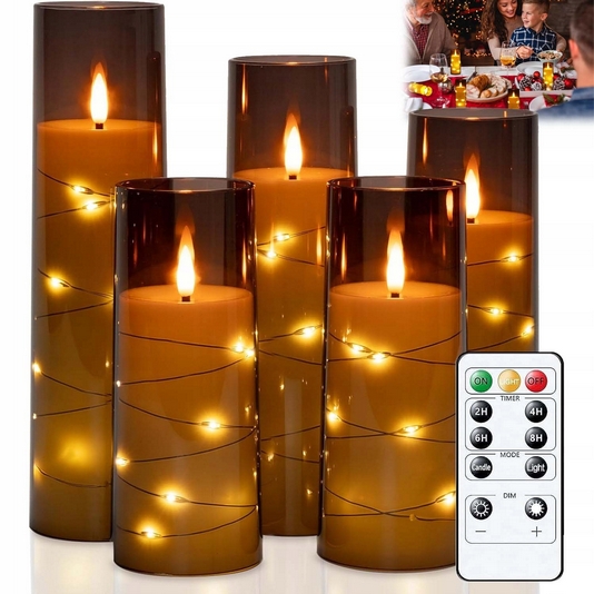 Set 5 LED sviečok bez plameňa s načasovačom a diaľkovým ovládaním, ideálny na dekoráciu a dar